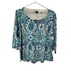 TALBOT'S Aqua Print Pullover Sweater Fine Knit-Lightweight